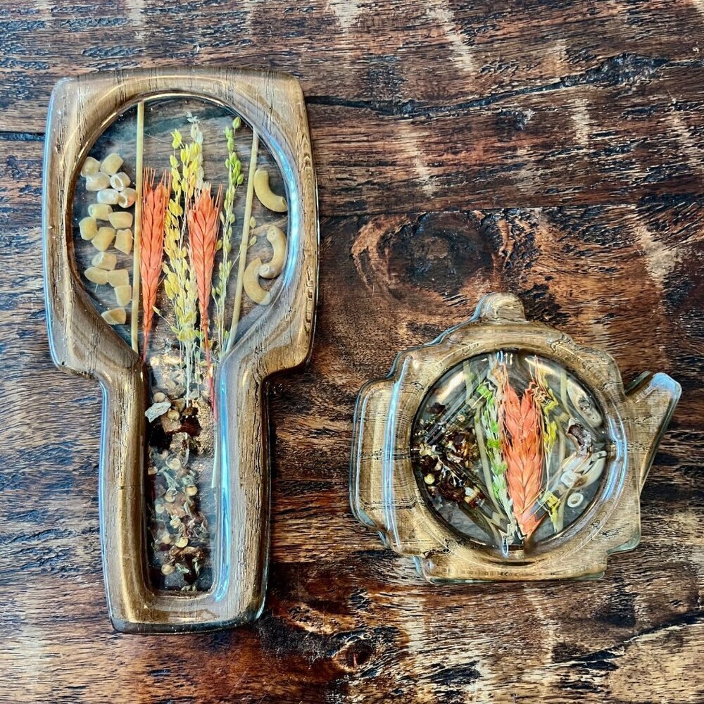 Mid Century Vomit Art Spoon Rests With Dried Flowers & Macaroni